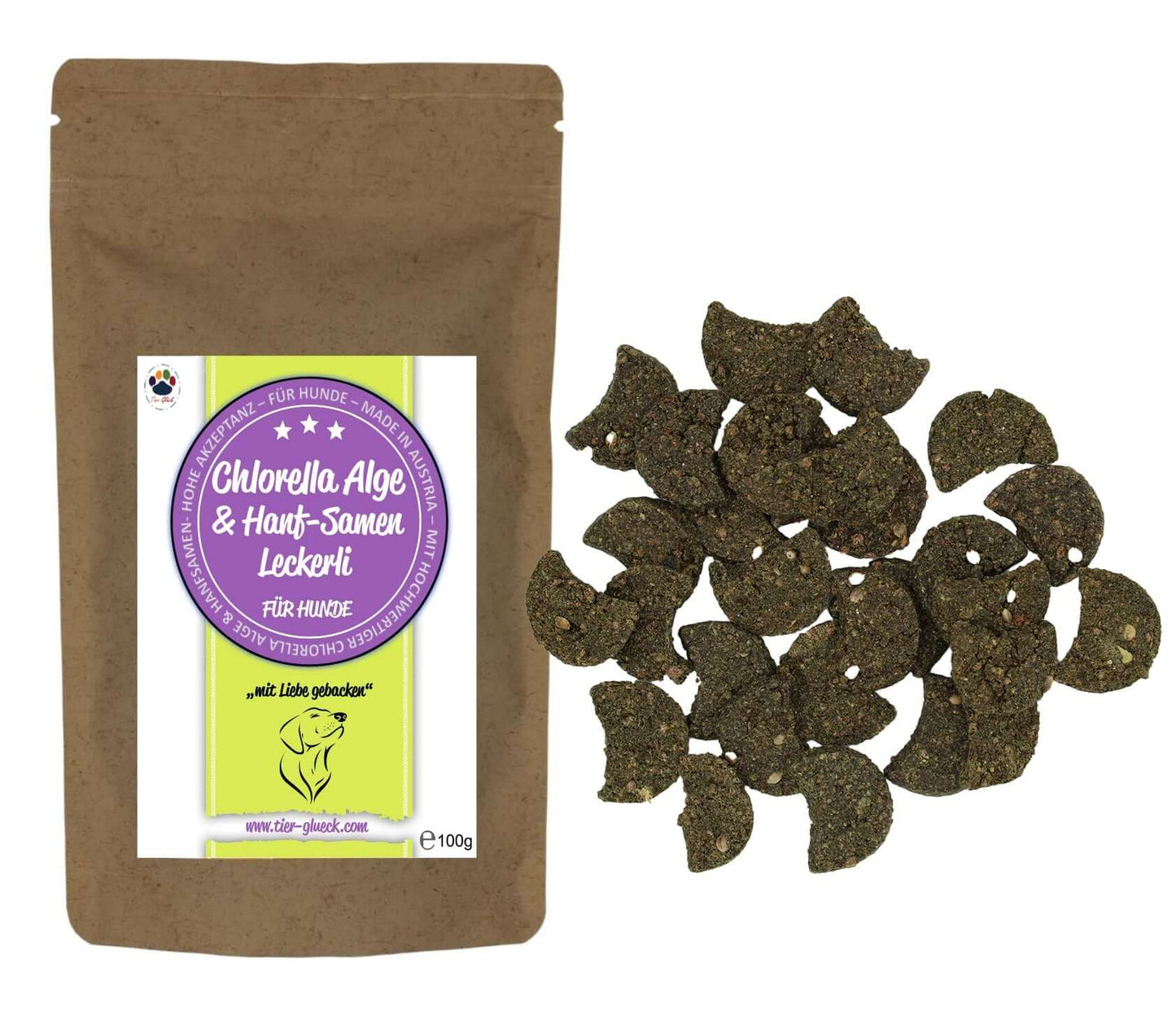 Chlorella Alge & Hanf-Samen Leckerli mit ganzen Hanfsamen für den Hund - Tier Glück